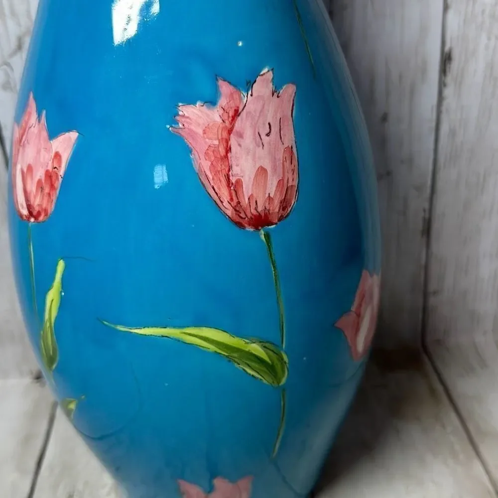 Handpainted Blue Floral 15” Glass Bottle Vase Roses Decorative Blue‎ Painted